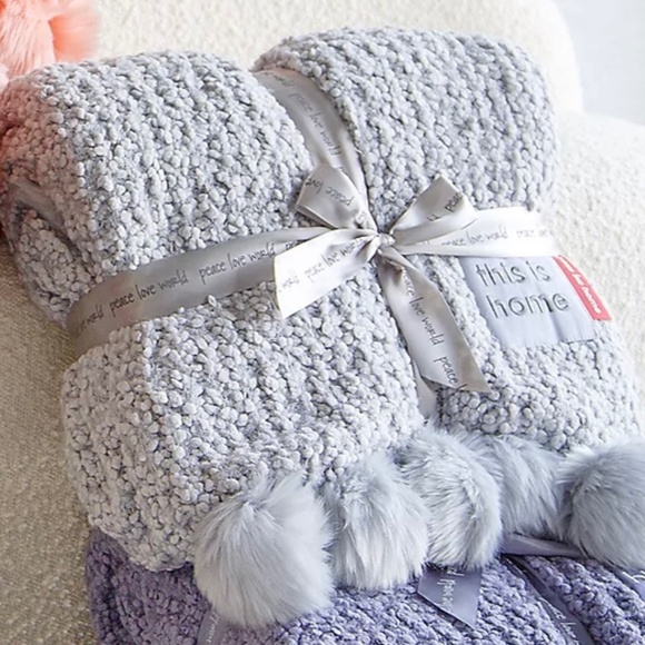 Peace Love World Oversized Knit Throw with Pom-Poms Quiet Grey OS - Picture 1 of 15